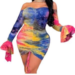 Tie Dye Ruched Off Shoulder Bell Sleeve Bodycon Mini Dress Festival Boho S